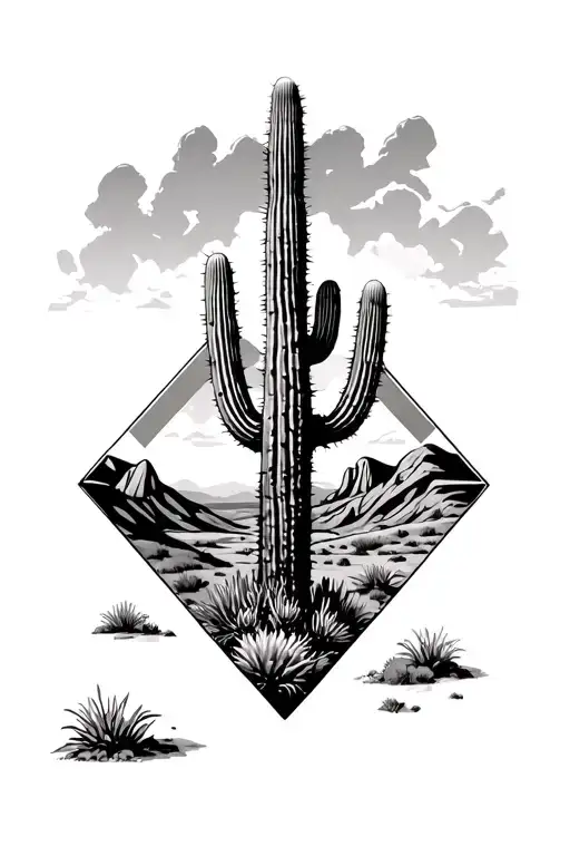 Saguaro Cactus Inside A Diamond With A Desert Landscape