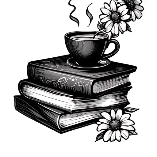 Books Stacked And Flowers Coming Out With Coffee Cup Sitting On Books