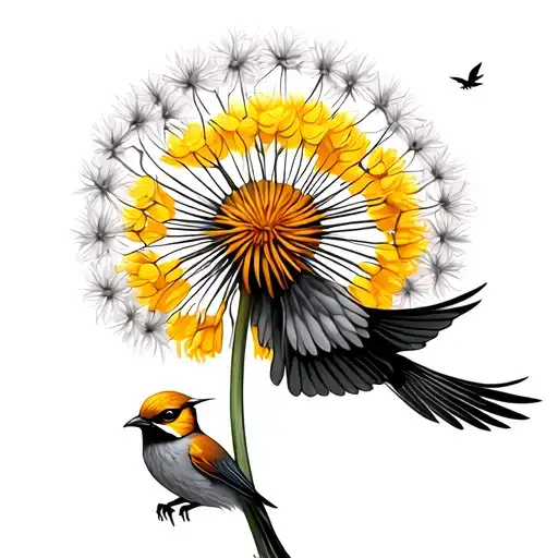 Yellow Dandelion With Bird Flying