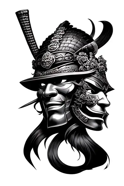 Samurai War Masks Leg Sleeve Tattoo Design