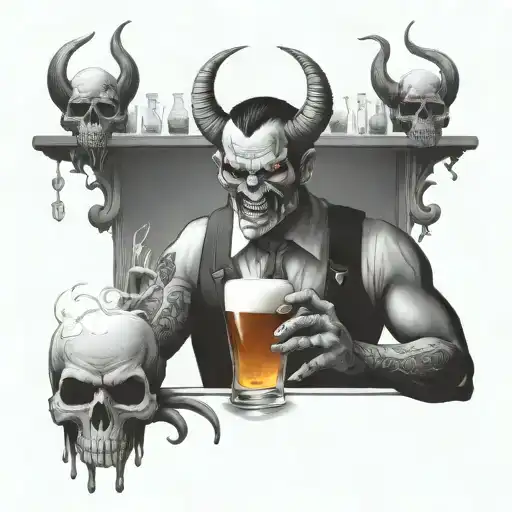 Create A Design Of A Demon Bartender Serving Drinks To Skulls At A Bar
