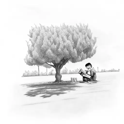 A Boy Reading A Book Under A Willow Tree