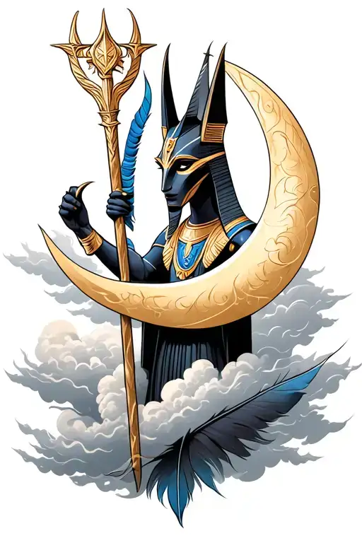 Anubis Holding Crescent Moon Staff With Feather At The Bottom With Clouds