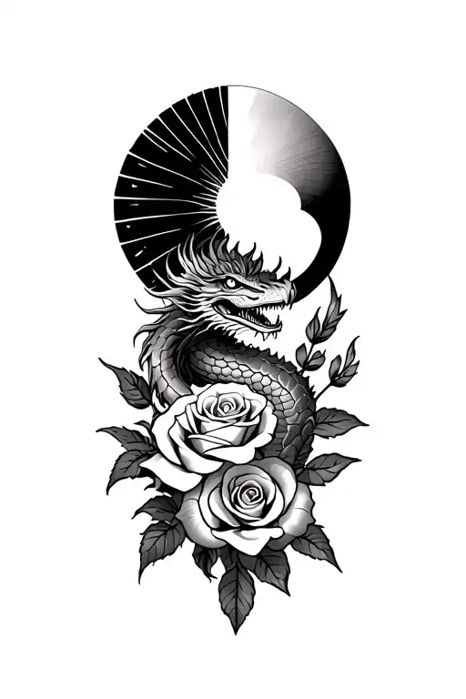 Dragon Wrapped Around 3 Roses With A Half Filipino Sun At The Top Sleeve