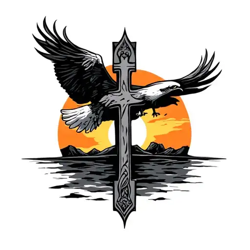 Cross With Sunset And Eagle Soaring