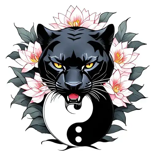 Black Panther With Yen And Yang And Lotus Flowers