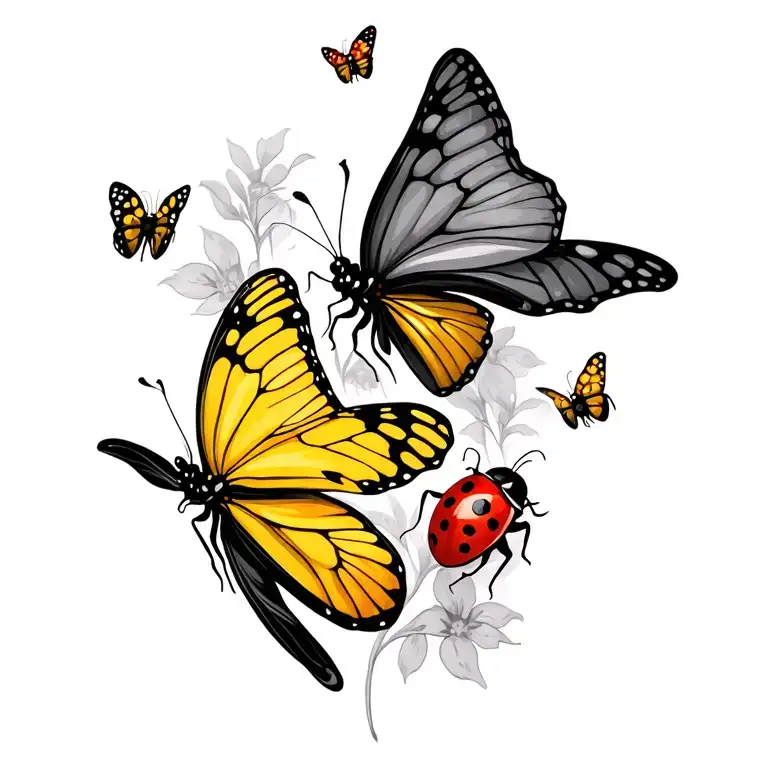 Butterflies And Ladybugs In Black And Grey With One Butterfly In Yellow And One Ladybug In Red
