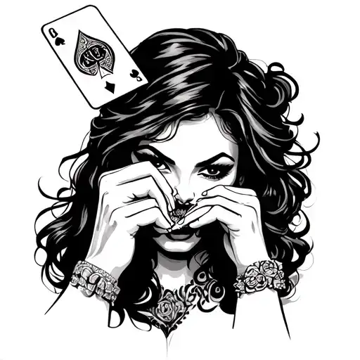 Chicano Girl With Cards In Her Hands Biting One Card