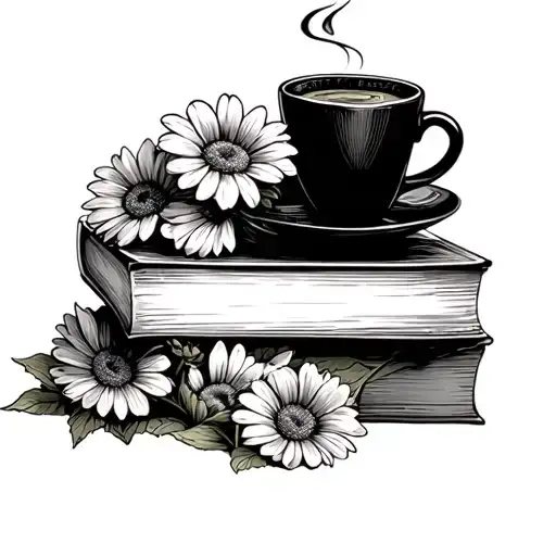 Books Stacked And 6 Flowers Coming Out With Coffee Cup Sitting On Books