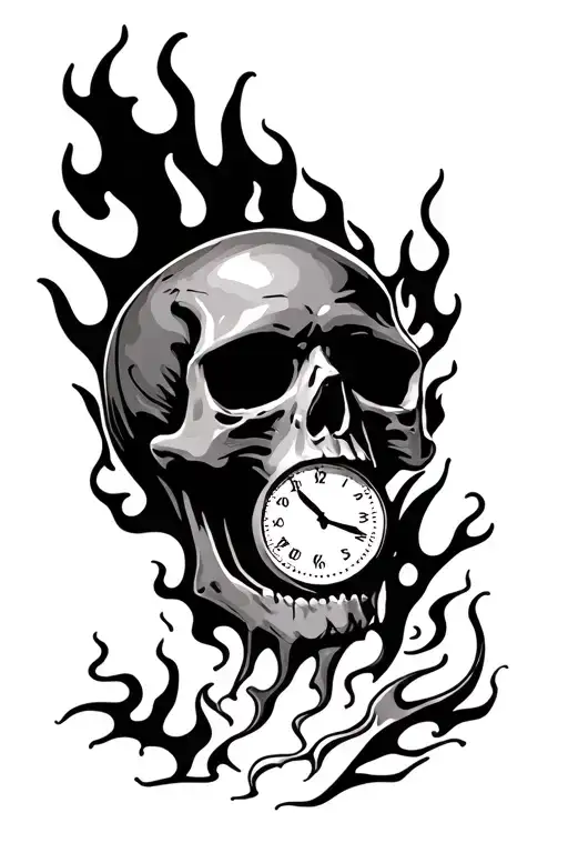 Skull With Flames With Time Clock Embedded