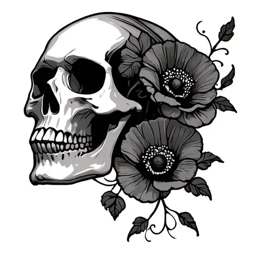 Skull With Poppy Flower Vine Around It