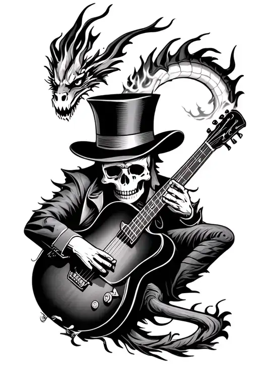 Skull With Top Hat And Dragon Breathing Fire And An Acoustic Guitar