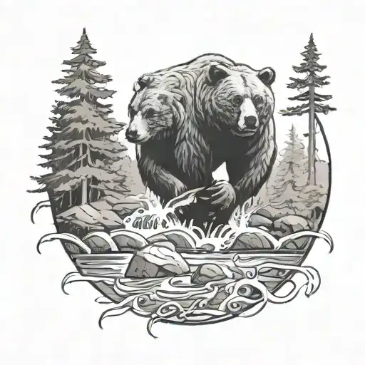 A Serene Forest Scene With A Bear Catching A Fish In A Stream Surrounded By Tall Trees