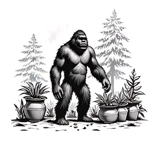 Bigfoot With Pot Plants As Trees Behind Him