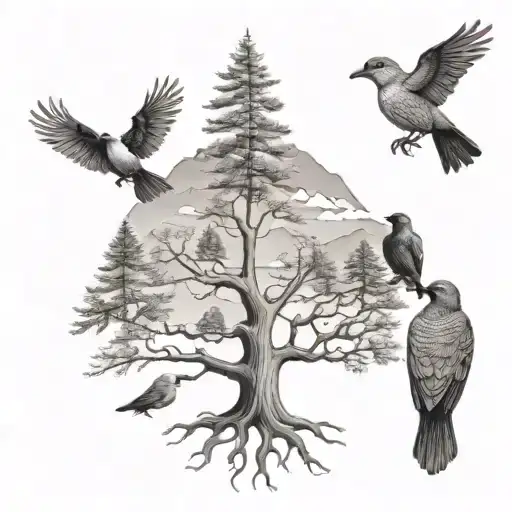 Family Tree With Six Bird Silhouettes And Rocky Mountains Background