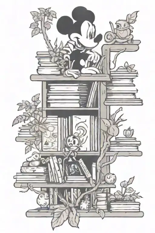 Book Shelf Holding Books And Plants And Disney Characters