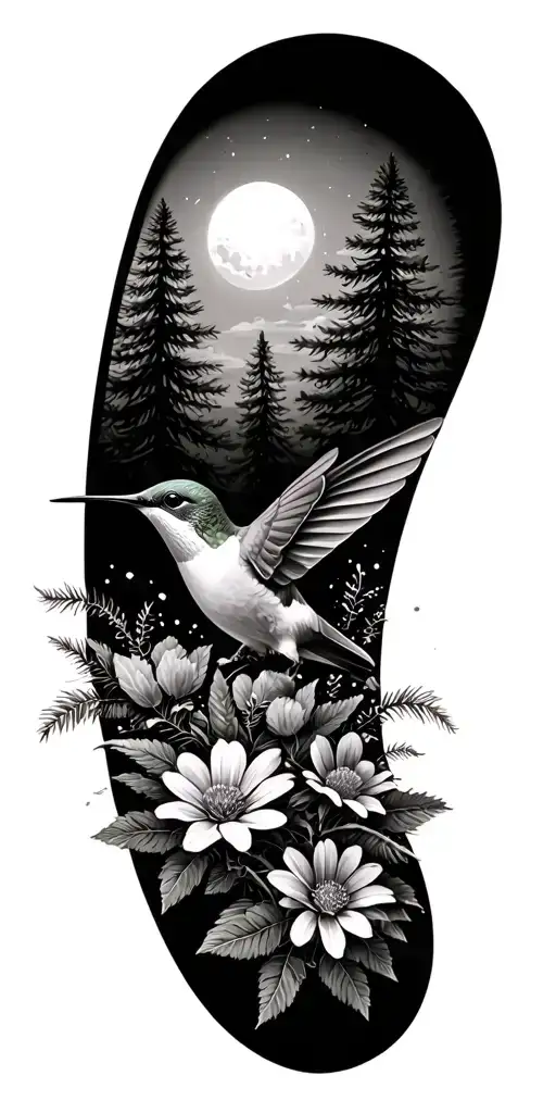 Hummingbird In Wild Flowers With Pine Trees Above