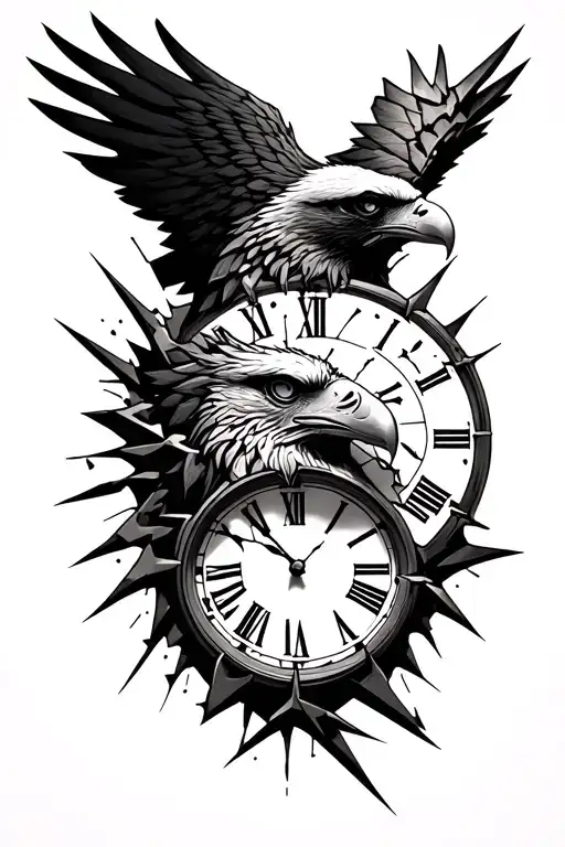 Eagle Head With Broken Roman Numeral Clock Behind The Eagle