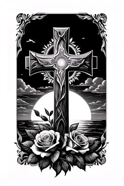 Cross With Sunset Background And Roses