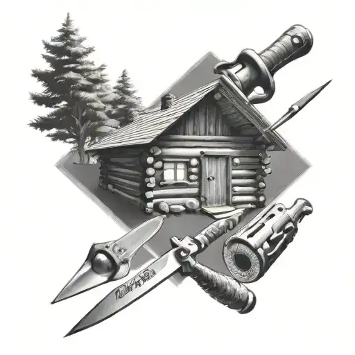 A Black And Grey Tattoo Of A Log Cabin With Scissors And Knives Sharpening Tools