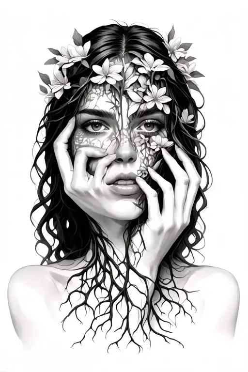 Woman With Hand Strangling Her Neck Flowers And Roots Instead Of Face