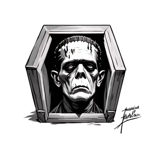 Frankenstein Portrait Inside A Coffin - Black And White