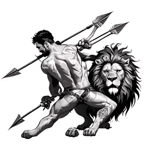 A Man With Arrows In His Back And He Fight With Lion