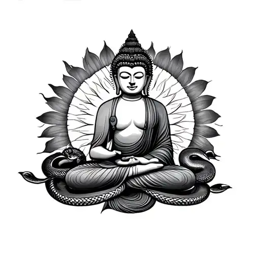 Buddha Outlined And Sun And Snake Outline