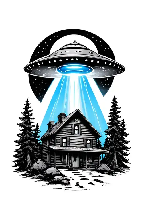 Ufo With Blue Beam Over A Cabin In The Woods