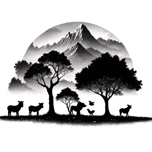 Three Bigger Trees With Three Little Ones In Front Of Them With A Mouton In The Background