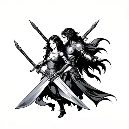 Father And Daughter Protection With Swords And Armor