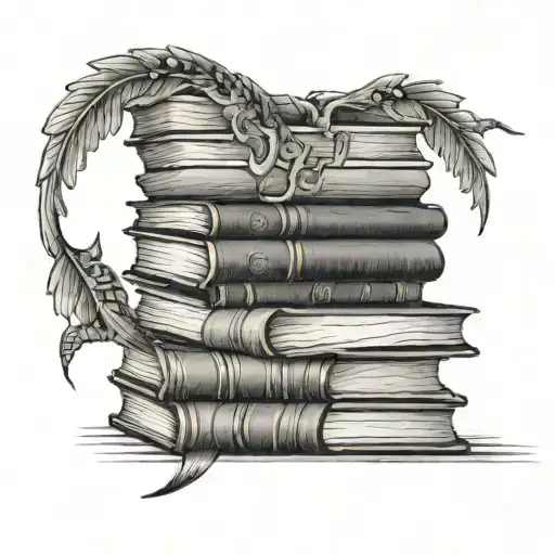 A Black-grey Tattoo Of A Stack Of Books With A Hidden Animal Silhouette On The Spine Of Each Book