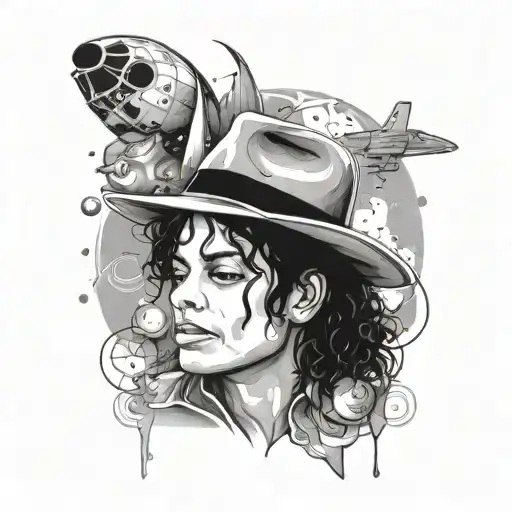 A Black And Grey Portrait Of Michael Jackson Surrounded By Cosmic Elements