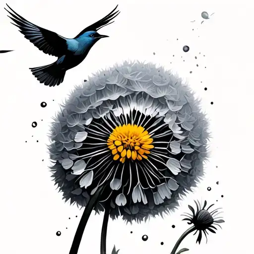 Yellow Dandelion With Bird Flying Away