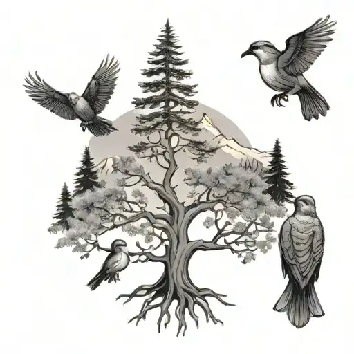 Family Tree With Six Birds And Rocky Mountains Background