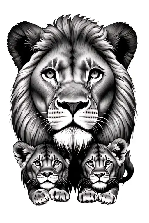 Lion With Two Lion Cubs Face Only
