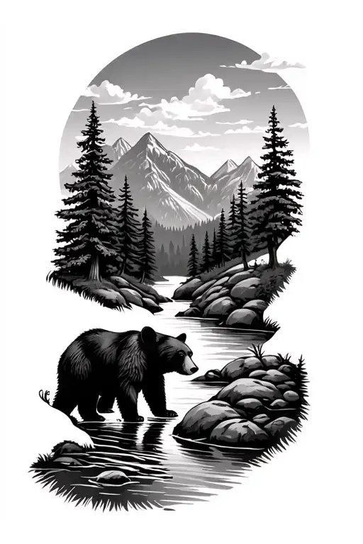 Black And Grey Nature Tattoo With River Trees And A Mountain In The Background And Bear By The River