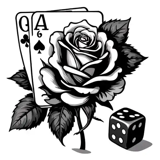 4 Aces Cards Intertwined With A Rose With Dice And Somthing To Simbolise Risk Takeing