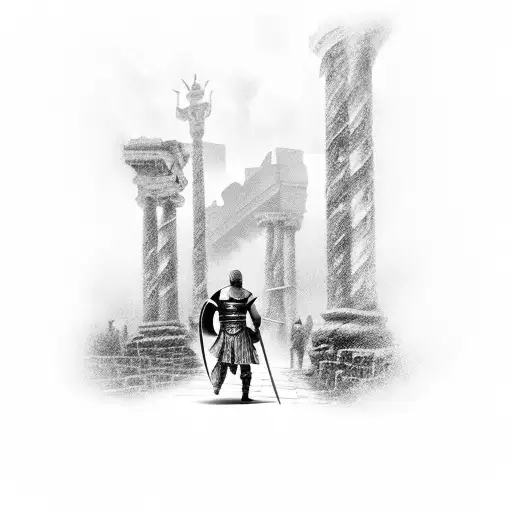Gladiator Walking Down A Busy Cobbled Street Stormy Sky Background With Coliseum