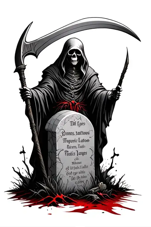 Black And White Traditional Tattoo Style Grim Reaper With Headstone And Scythe With Blood