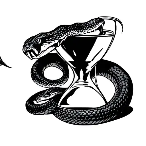 Snake With Mouth Open And Vicious Fangs Wrapped Around An Hour Glass Filled