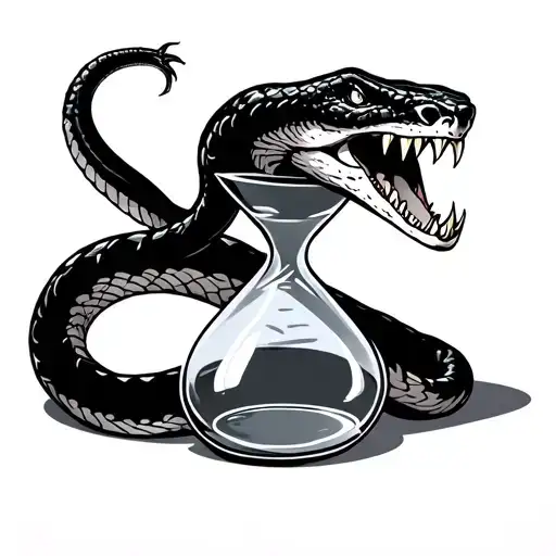 Snake With Mouth Open And Vicious Fangs Wrapped Around An Hour Glass Filled