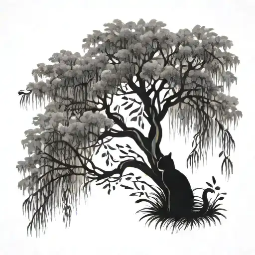 Willow Tree And Cat Silhouette