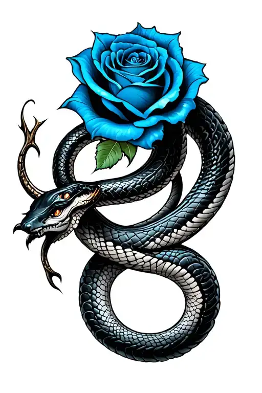 Blue Thorned Rose Intertwined With Snake Both Moving Up