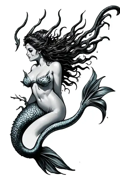 An Evil Nymph Aquarius Mermaid In American Traditional