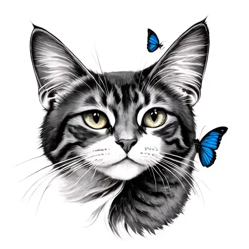 Cat And Butterfly Tattoo Design On Right Shoulder Blade