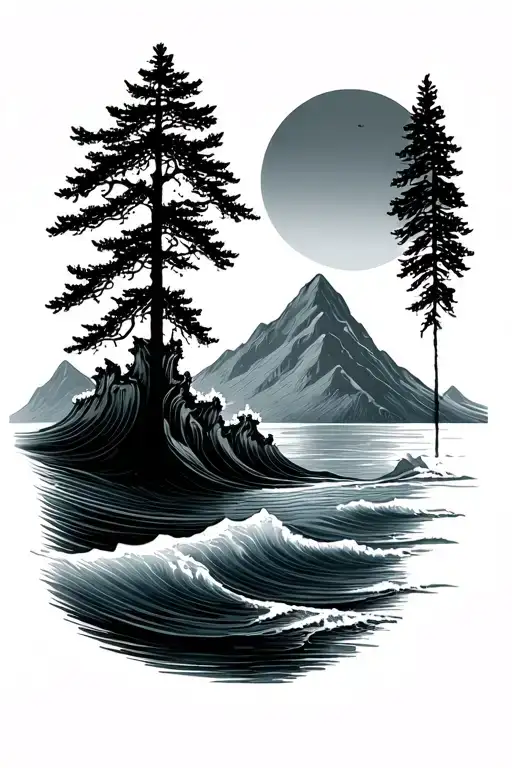 Sun Mountains Sea Waves And Pine Tree In A Line