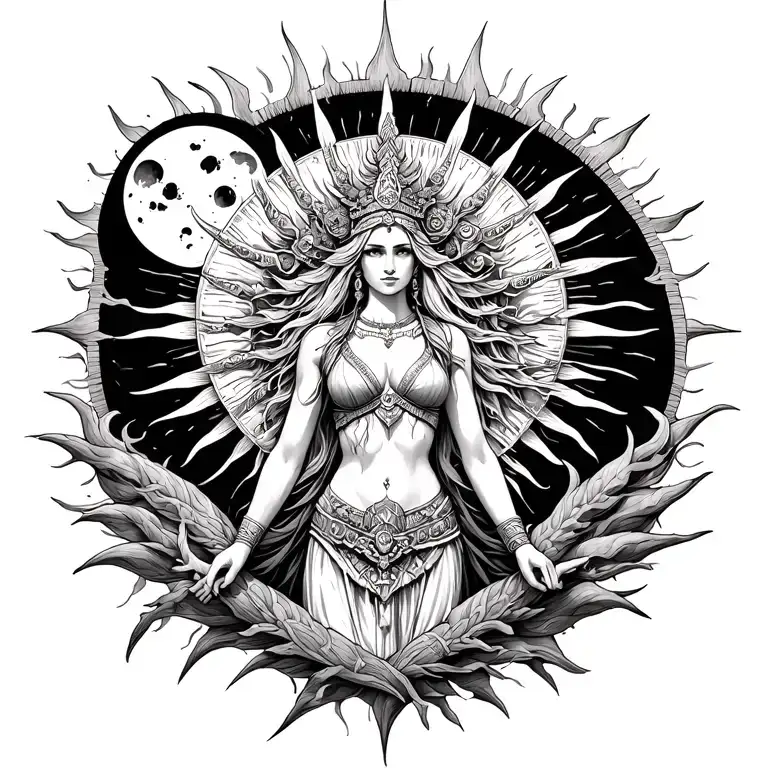Warrior Goddess Surrounded With Sun And Moon Covering A Womens Back In Black And White