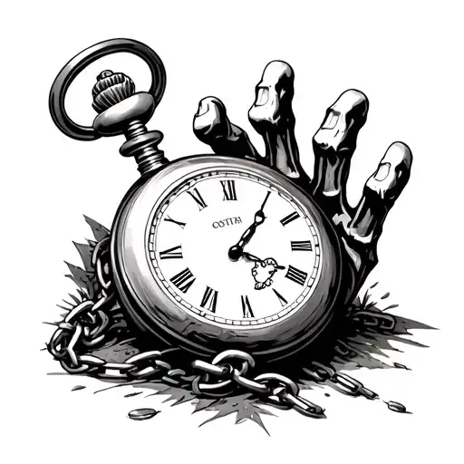 Pocket Watch With Broken Chain Skeleton Hand Reaching Out Of Grave Background Gravyard
