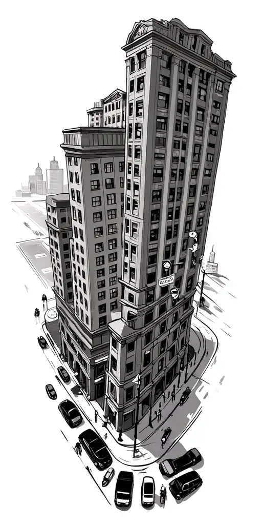 City Street With Tall Buildings And Street Signs And On A Busy Day